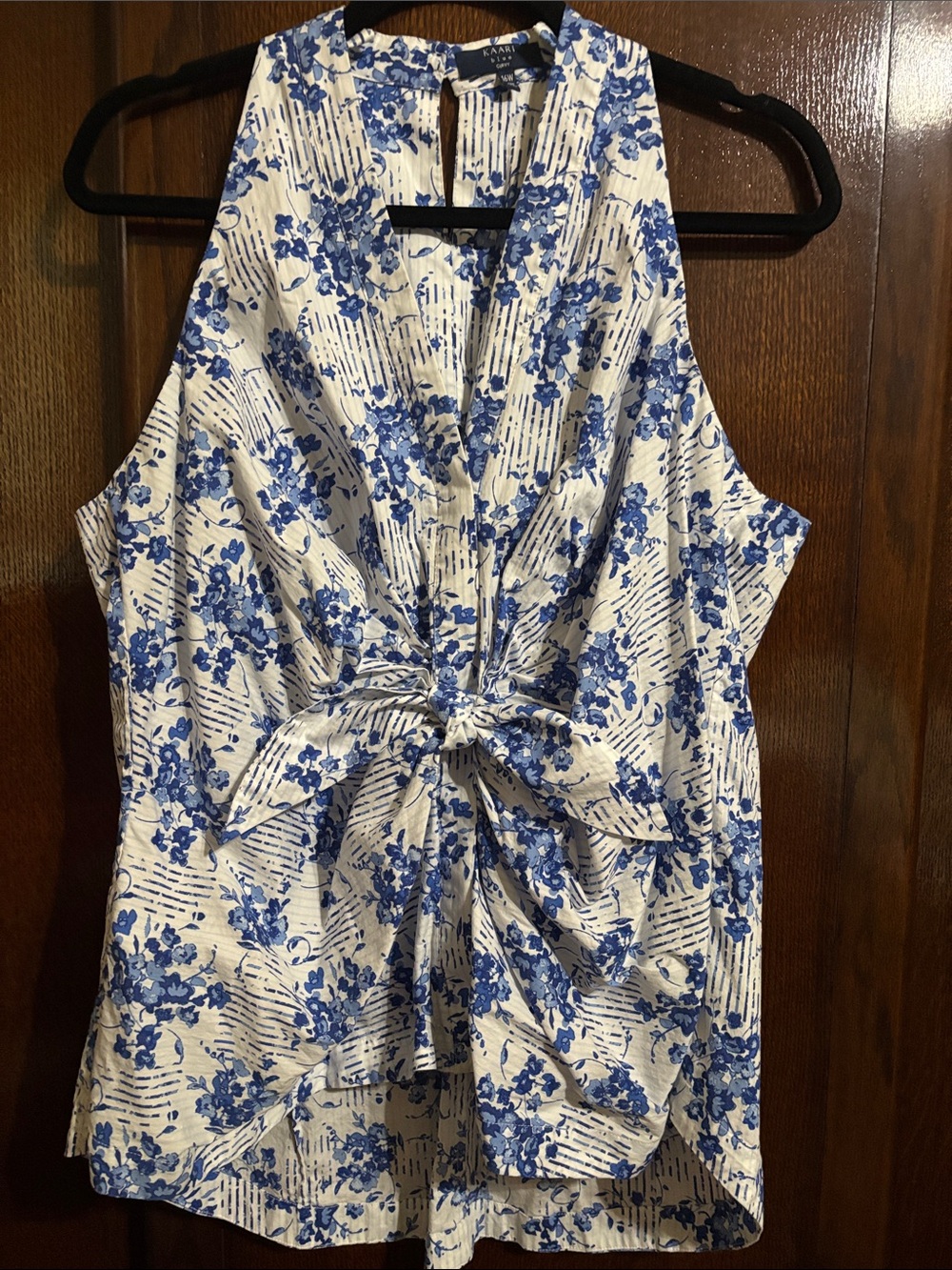 Kaari Blue White and Blue Floral Tie-Front Tank